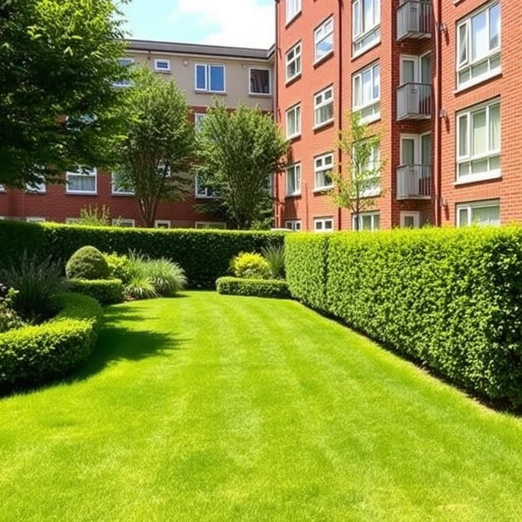 Communal garden and hedges outside a residential block